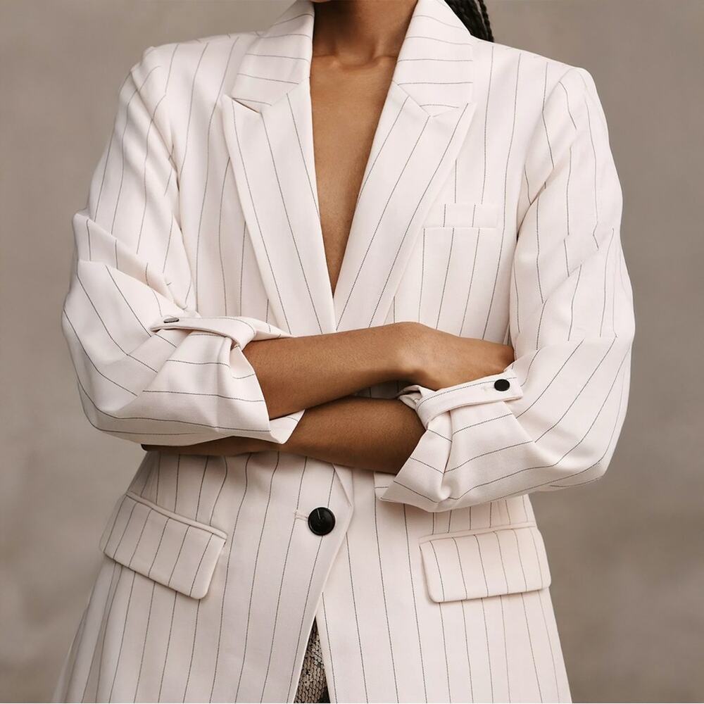 Anthropologie Maeve Striped Roll-Sleeve Blazer Black White Size 8 - Picture 2 of 11